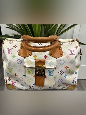Louis Vuitton White Multicolor Monogram Satchel authentic